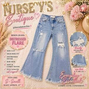 Risen Distressed Flare Jeans Raw Hem Light Wash Size 5/27